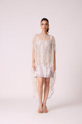 Leah Embroidered Cape Mini Dress - Grey Ivory
